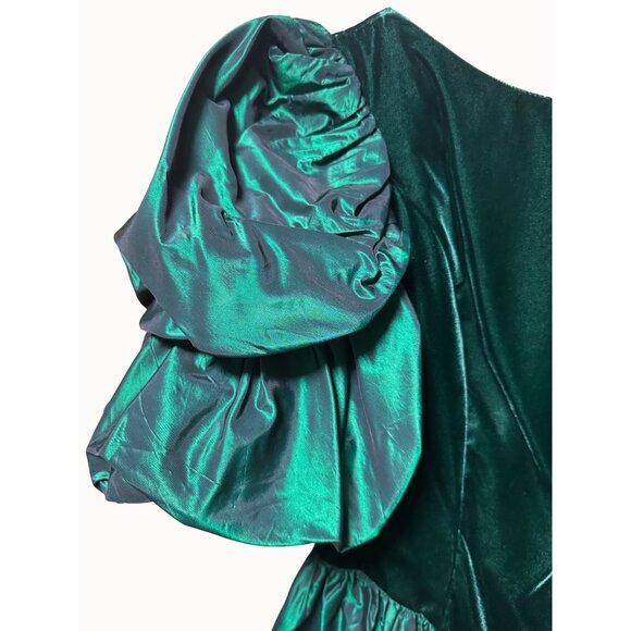 Vintage 80s ILGWU Emerald Green Velvet Taffeta Puff Sleeve Dress USA 7 - Picture 4 of 10
